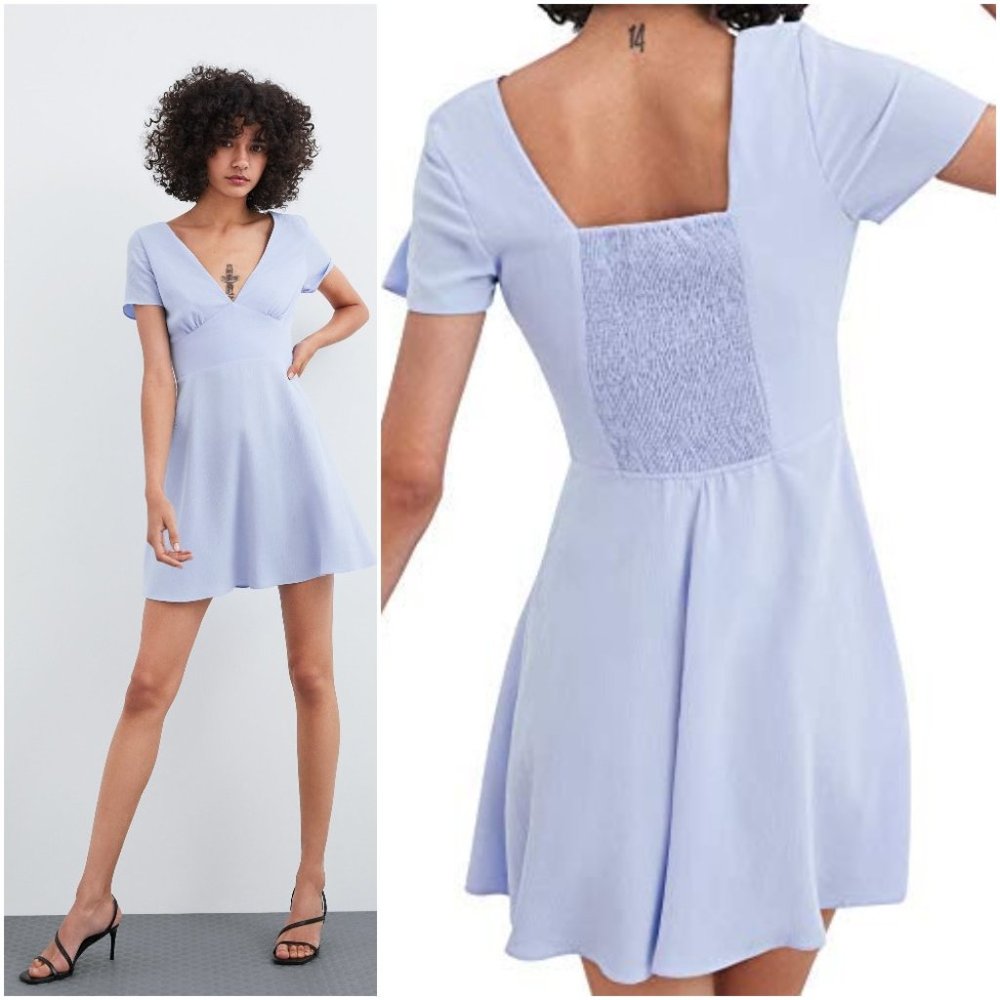 ZARA BABY BLUE TEXTURED SMOCKED BACK EMPIRE WAIST SUMMER MODAL DRESS $49.90